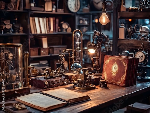 Intricate Steampunk Workshop with Brass Clockwork Mechanisms Leather Tomes and Vintage Industrial Aesthetic