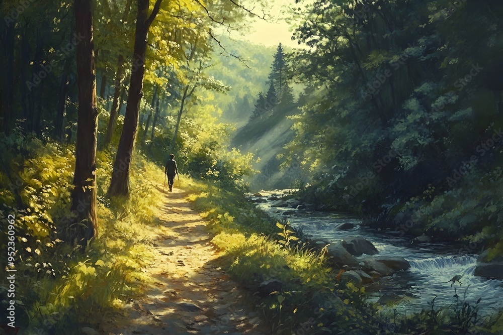 Obraz premium Serene Forest Trail with Sun Dappled Foliage and Meandering Stream Hiker Exploring Tranquil Outdoors
