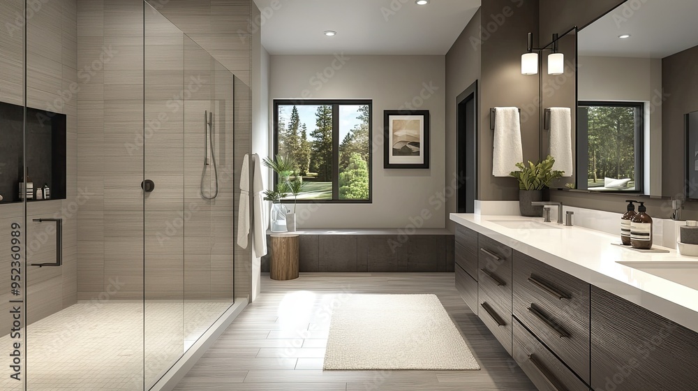 Chic bathroom with modern fixtures, a spacious shower, and sleek countertops, offering a luxurious and functional space. Chic bathroom with modern fixtures, a spacious shower, and sleek countertops, offering a luxurious and functional space.