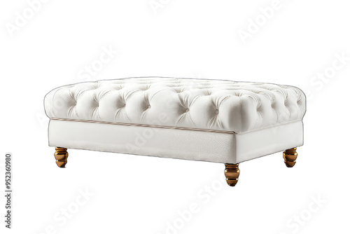 Elegant white tufted ottoman with wooden legs, perfect for enhancing modern or traditional interior decor.