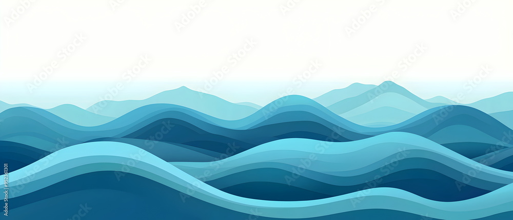 A flat vector illustration of a layered sea waves background, overlapping wave shapes, gradient blues, subtle highlights and shadows, crisp and clean