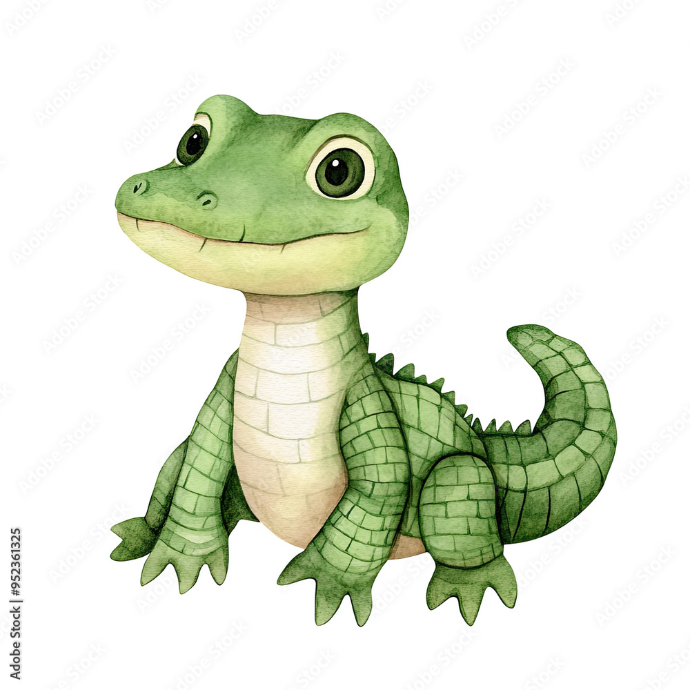 Fototapeta premium A cute baby crocodile watercolor clipart, perfect for nursery, isolated on white background