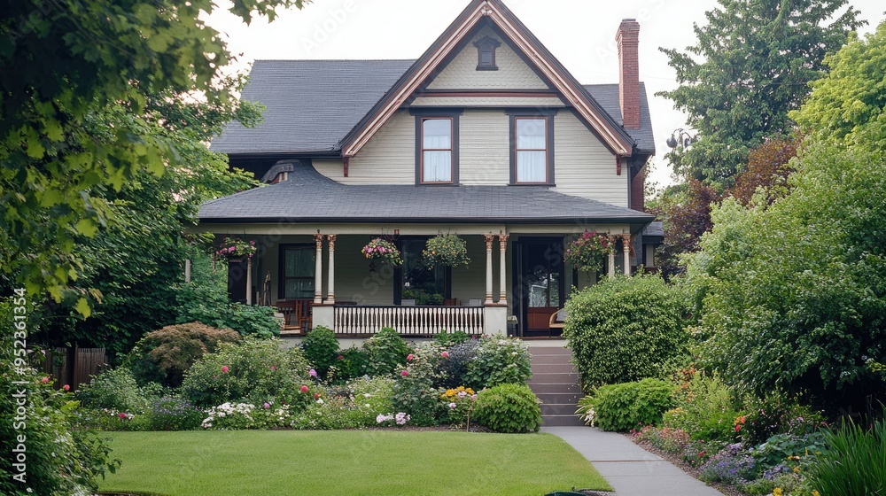 Classic suburban home with a well-maintained garden, charming facade, and welcoming porch. Classic suburban home with a well-maintained garden, charming facade, and welcoming porch.