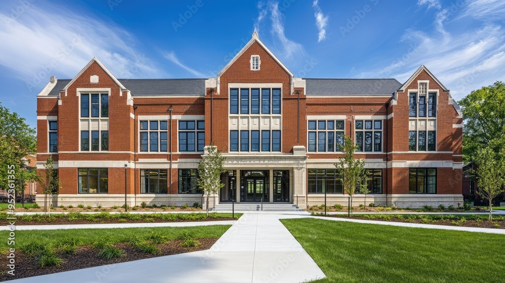 Classic school building with traditional brickwork, large windows, and a welcoming entrance, symbolizing education. Classic school building with traditional brickwork, large windows, and a welcoming entrance, symbolizing education.