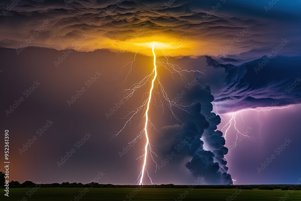 Fototapeta premium Dazzling Yellow Lightning Strike Over a Colorful Electric Storm