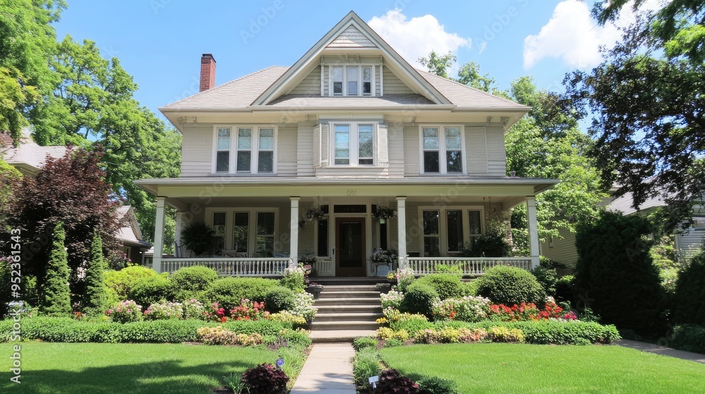 Classic suburban home with a well-maintained garden, charming facade, and welcoming porch. Classic suburban home with a well-maintained garden, charming facade, and welcoming porch.
