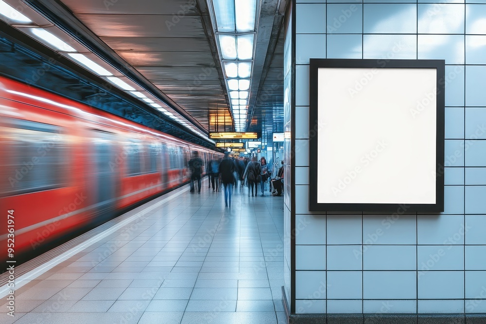 A subway station with a blurred train and a blank advertisement space on the wall. A subway station with a blurred train and a blank advertisement space on the wall.
