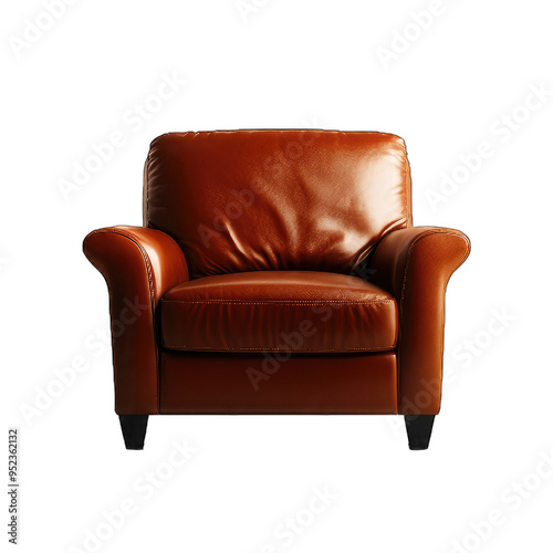 Stylish brown leather armchair, perfect for modern living rooms and cozy atmospheres.