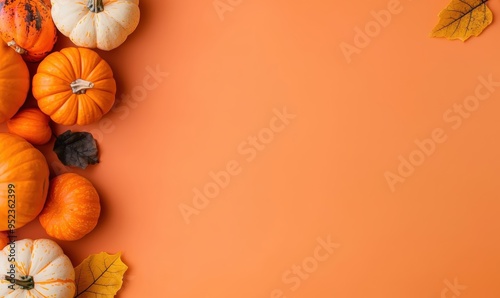 Pumpkins & leaves on orange