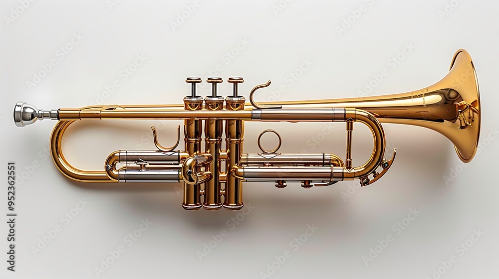 Obraz premium A shiny gold trumpet lies on a white background.