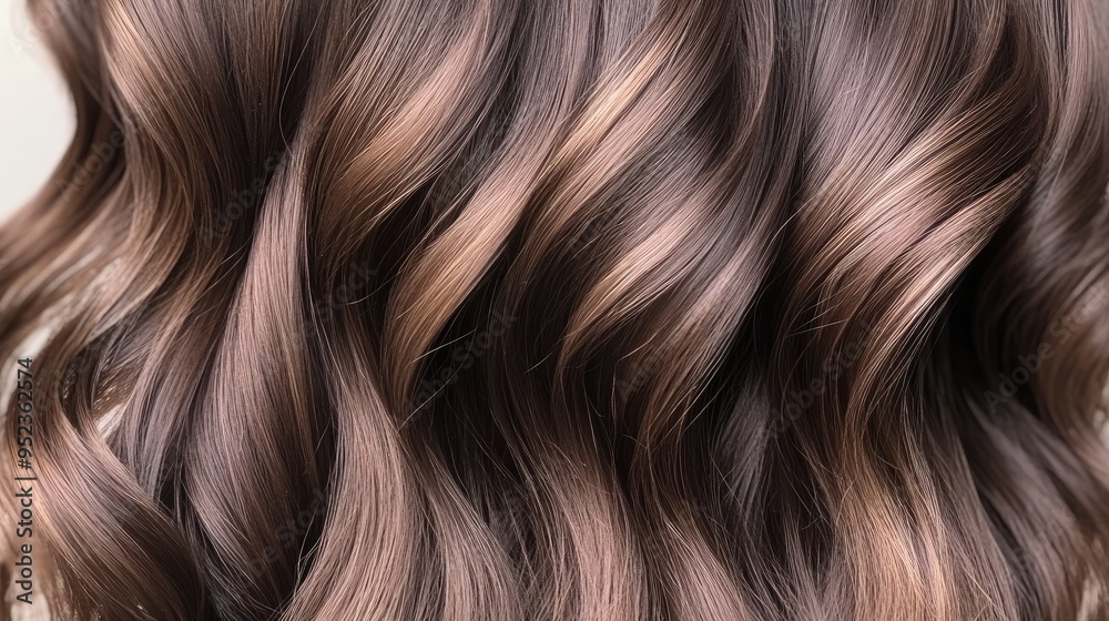Naklejka premium Close-up of wavy brunette hair cascading over the shoulders, with soft curls framing the face, showing texture and shine.