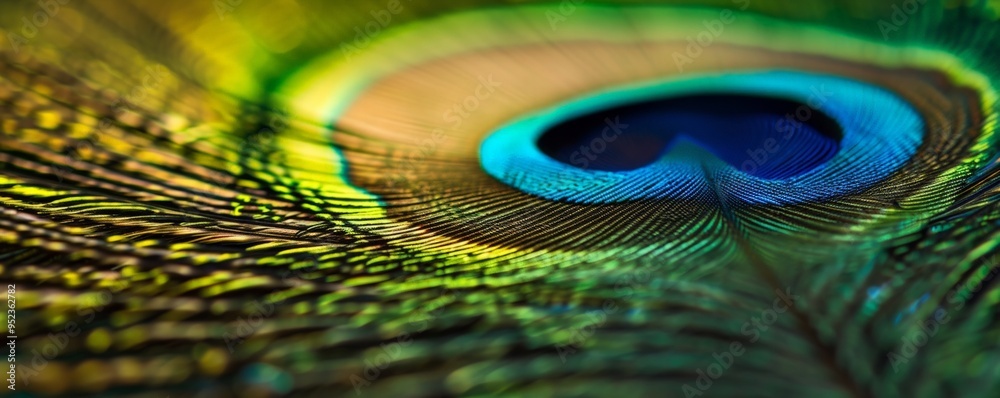 Obraz premium Background with beautiful peacock feather. Krishna janmashtami, govardhan puja holiday religios concept. Indian festive greeting card. Copy space.