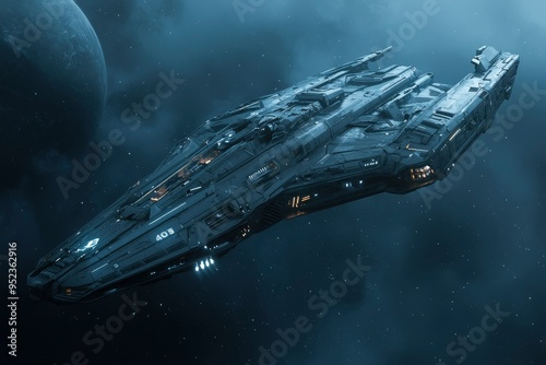 Fototapeta Naklejka Na Ścianę i Meble -  Futuristic spaceship flying through a starry night sky