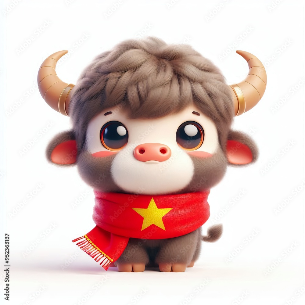 Naklejka premium cute 3d fluffy buffalo character with red Vietnamese style scarf