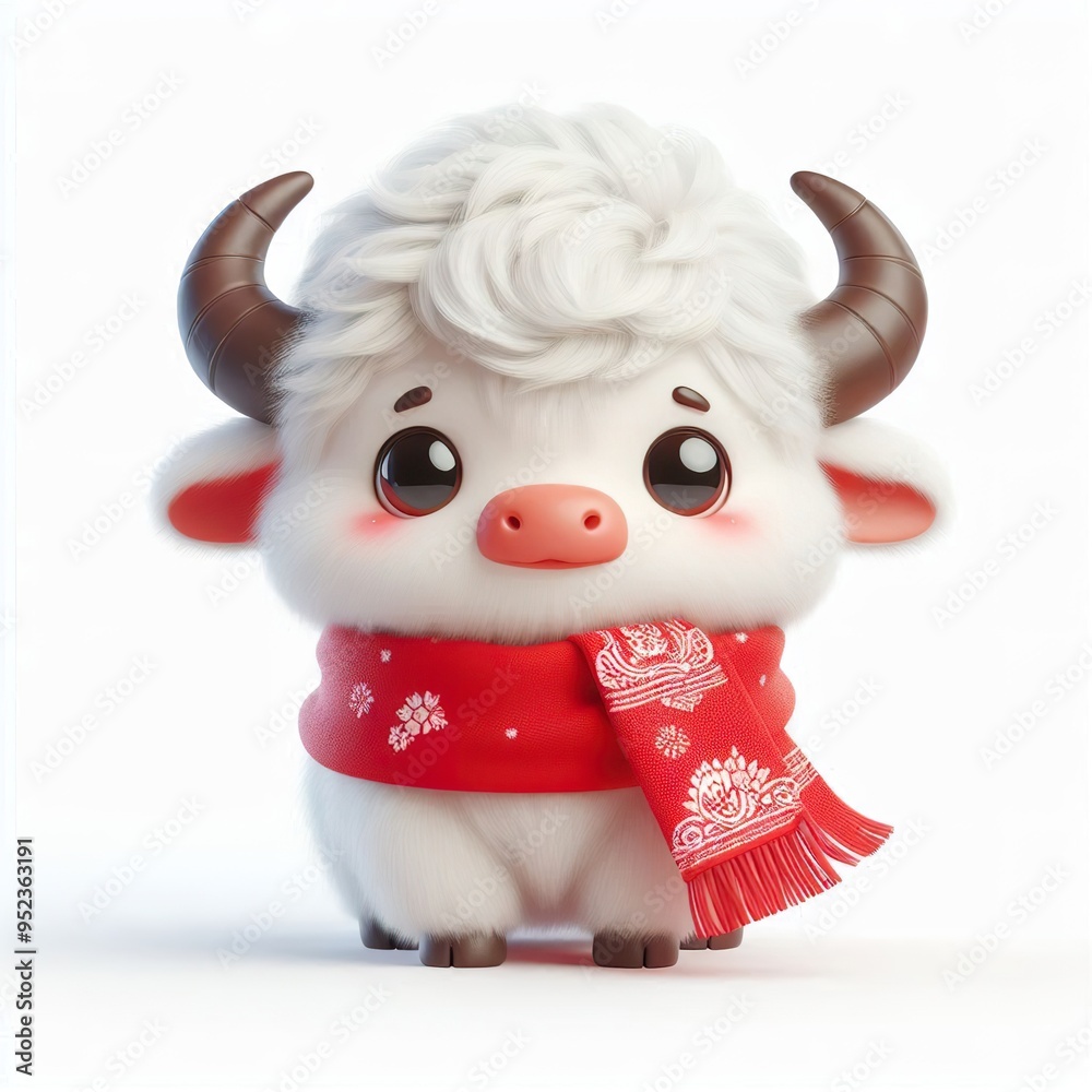 Fototapeta premium cute 3d fluffy buffalo character with red Vietnamese style scarf