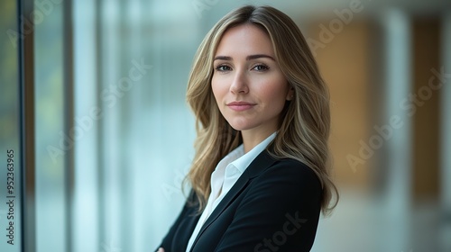 Professional headshot of a woman in a business suit with a soft focus and clean backdrop