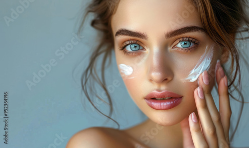 Hydration. Cream smear. Beuaty close up portrait of young woman with a healthy glowing skin is applying a skincare product