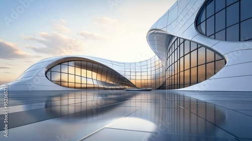 Futuristic building with an innovative design, featuring curved lines and reflective surfaces in an urban setting.