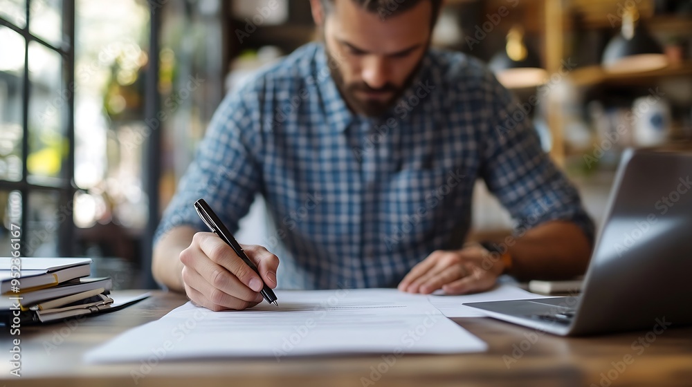 Obraz premium lawyer write drafts a legal document at a desk with stationery and a laptop in a casual law firm office atmosphere : Generative AI