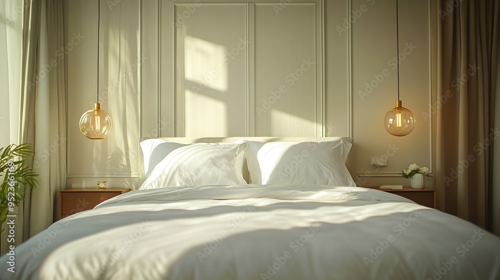 Fototapeta premium Stylish bedroom with an empty king sized bed and pendant light fixtures natural sun light from the window Kingsize bed with puffy pillows Close up copy space background : Generative AI