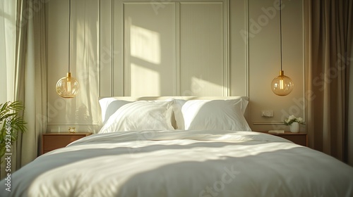 Stylish bedroom with an empty king sized bed and pendant light fixtures natural sun light from the window Kingsize bed with puffy pillows Close up copy space background : Generative AI