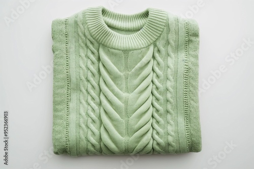 A neatly folded light green sweater, top view, isolated on a white background