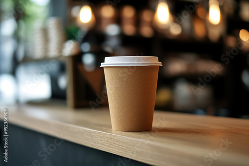 Mockup cup of coffee on wooden table