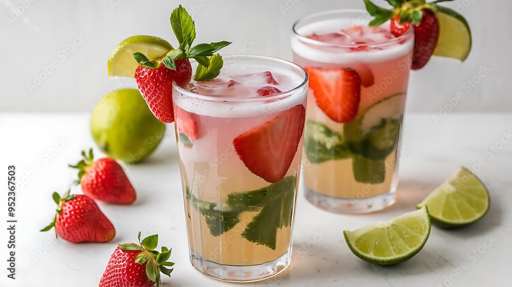 Two mojito cocktails with strawberry and lime fruits isolated on white background Two mojito cocktails with strawberry and lime fruits isolated on white background