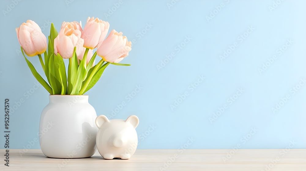 A charming arrangement of pink tulips in a white vase, paired with a cute ceramic piggy bank on a light blue background. A charming arrangement of pink tulips in a white vase, paired with a cute ceramic piggy bank on a light blue background.
