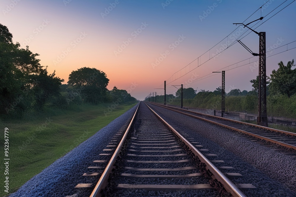 Serene Railway Line in Evening Light for Peaceful Travel and Exploration Serene Railway Line in Evening Light for Peaceful Travel and Exploration