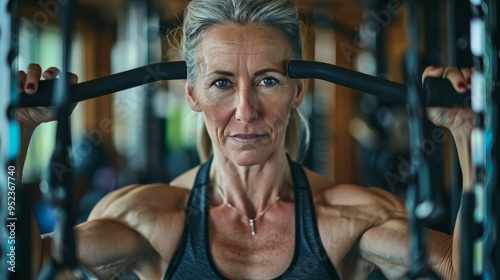 Focused 50 year old woman showcasing strength and determination during gym workout session photo