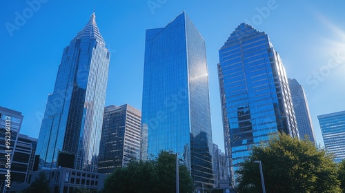 Modern skyscrapers in a city skyline, showcasing sleek glass facades and high-rise architecture against a clear blue sky.