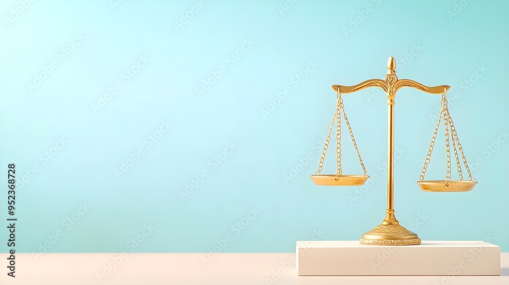 A golden scale on a white base against a soft blue background, symbolizing justice and equality in a minimalist design. A golden scale on a white base against a soft blue background, symbolizing justice and equality in a minimalist design.