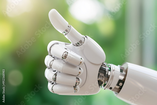 A robot hand with a thumbs up on a blurry background 