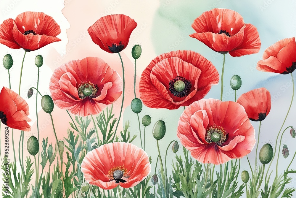 Obraz premium Vibrant Red Poppy Flowers Blooming on Soft Pastel Watercolor Background