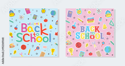Back to school cards with cartoon icons. Set. Vector illustration
