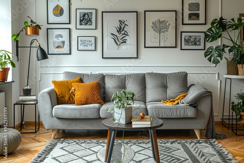 Cozy Living Room with Gray Velvet Sofa, Boho Style Decor, Wooden Coffee Table, Black Floor Lamp, and Art Prints photo