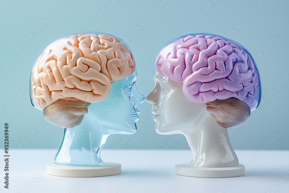 Sculpture of two brains, one male and the other female, facing each other with their heads touching together, with different colors on top of their heads Sculpture of two brains, one male and the other female, facing each other with their heads touching together, with different colors on top of their heads