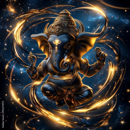 Ganesha performing a cosmic dance in the sky, with his form outlined in glowing golden lines