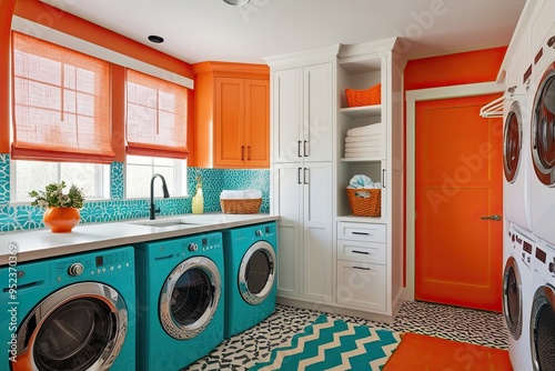 Modern Bright Turquoise and Orange Laundry Zone Interior Design