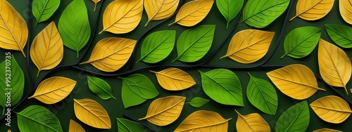Seamless leaf pattern wall with green and yellow autumn leaves background.