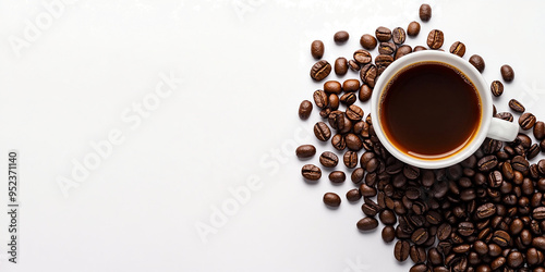 cup of coffee with beans on a white background