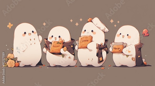 Four cute ghost characters holding sweet treats, showcasing joy and warmth in a whimsical, cartoon style. photo