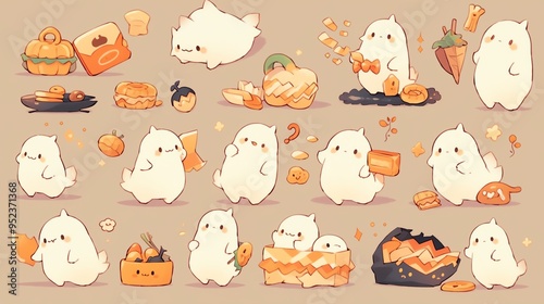 Cute ghost characters interacting with various foods in a whimsical, playful style on a soft pastel background.