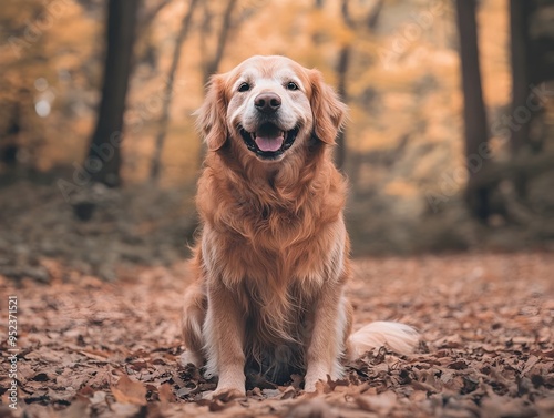 Majestic Golden Retriever Sits in Lush Forest with Nostalgic Film Photography Aesthetic