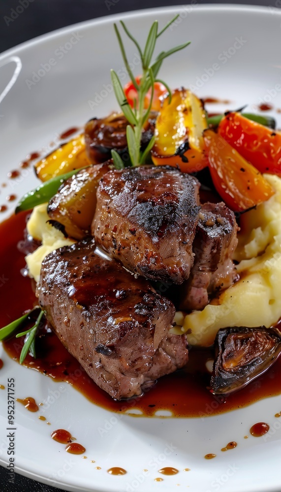 Seasoned meat with creamy mashed potatoes and roasted vegetables a visually appealing dish Seasoned meat with creamy mashed potatoes and roasted vegetables a visually appealing dish