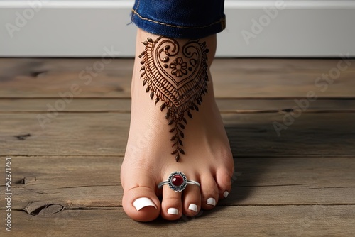 Unique Toe Ring Mockup Featuring Woman's Foot with Henna Design and Stylish Fashion Accessories photo