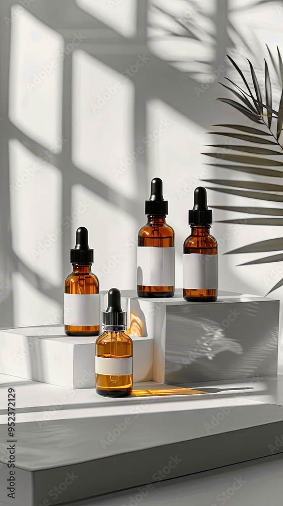 Various cream or serum bottles on a white stage No labels Natural beauty concept Various cream or serum bottles on a white stage No labels Natural beauty concept