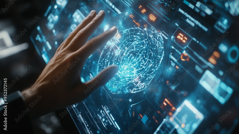 Hand interacting with a futuristic interface. Hand interacting with a futuristic interface.
