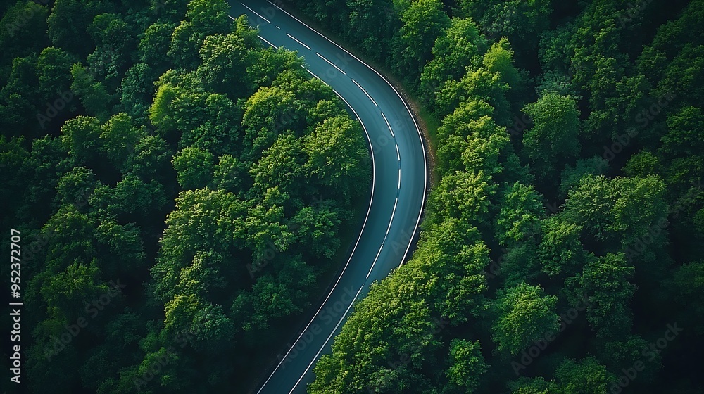 Fototapeta premium Aerial view of a road in the middle of the forest Top view of asphalt road through forest with car adventure Healthy environment road trip travel : Generative AI